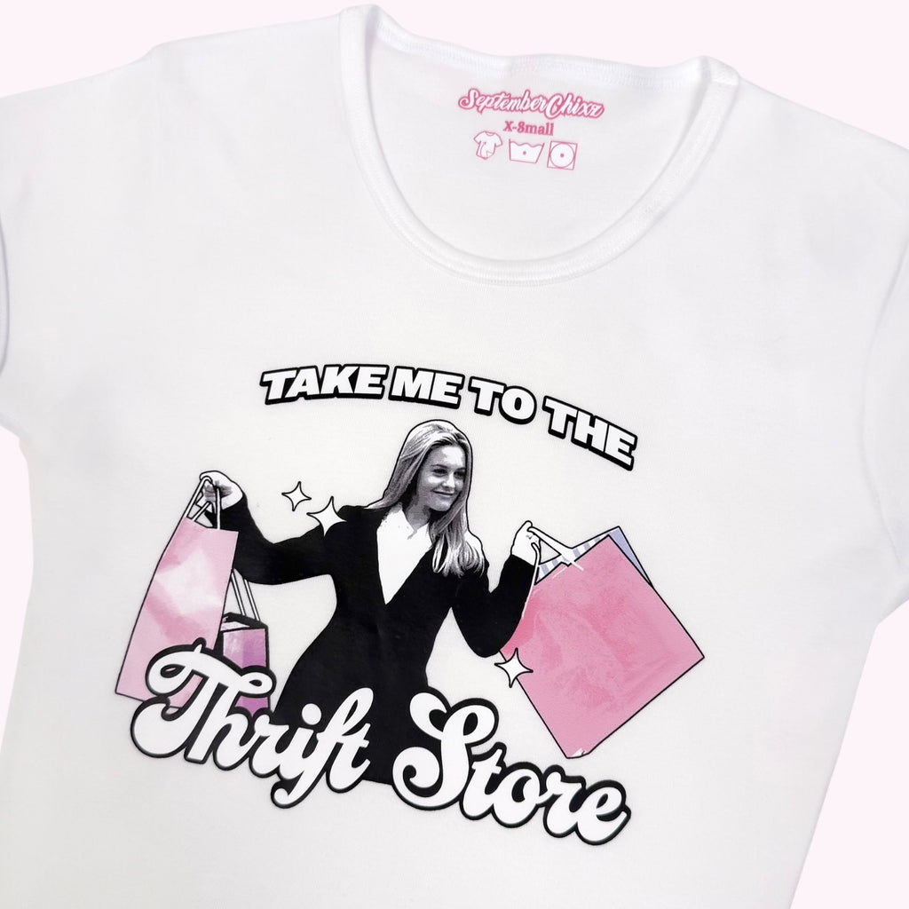 Take Me to the Thrift Store Baby Tee White