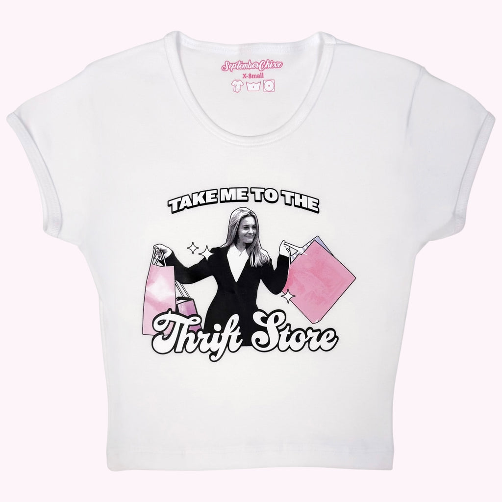 Take Me to the Thrift Store Baby Tee White