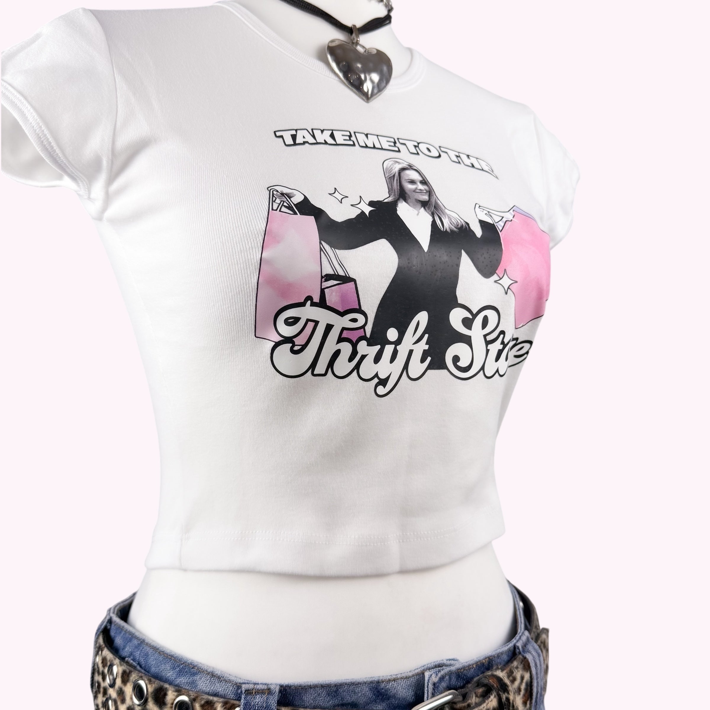 Take Me to the Thrift Store Baby Tee White